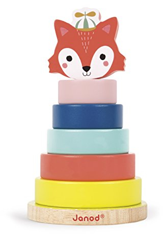 Janod - Baby Forest Holz-Stapelspiel Fuchs, Spielzeug für frühkindliches Lernen, Stapel- und Bauspielzeug, feinmotorische Fähigkeiten und Handhabung, ab 1 Jahr, J08014