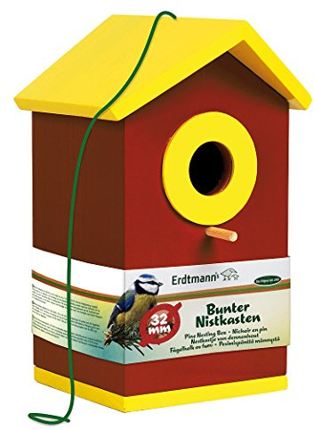 Erdtmanns Nistkasten mit Einflugloch – bunter Nistkasten für Wildvögel aus Holz – Vogelnistkasten mit Anflugstange – ideal für Meisen & Sperlinge – wetterfest für Garten (Dunkelrot, 32 mm Einflugloch)