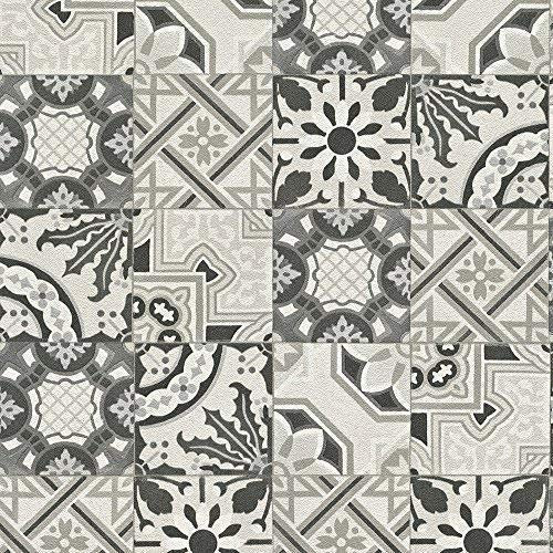 Rasch Moroccan Baroque Tile Pattern Wallpaper Realistic Faux Effect (Black White 526318)