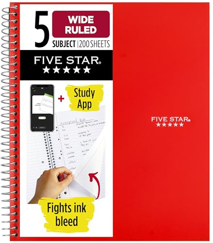 Five Star Spiral Notebook + Study App, 5 Subject, Wide Ruled Paper, 8 x 10-1/2, 200 Sheets, Fights Ink Bleed, Water Resistant Cover, Fire Red (72041)