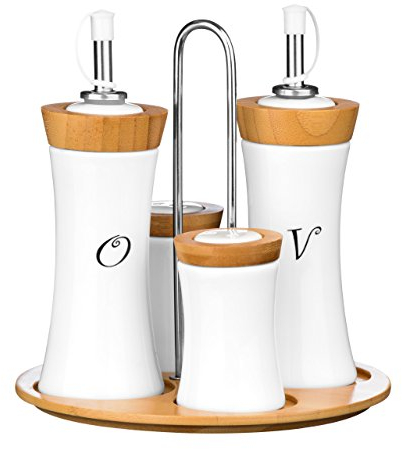 PREMIER Housewares 1103947 Set di Condimenti, 4 Pezzi, Olio/Aceto/Sale/Pepe, in bambù/Ceramica