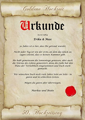 ALEMARG Goldene Hochzeit - Urkunde zum 50. Hochzeitstag - personalisiert XL Goldhochzeit Geschenk Karte - A4 Geschenkidee mit Name & Datum - Glückwunschkarte