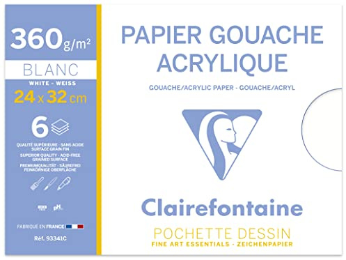 Clairefontaine 93341C - Pochette Dessin Scolaire - 6 Feuilles Papier Dessin Gouache Acrylique - 24x32 cm 300g - Idéal pour les Arts Plastiques