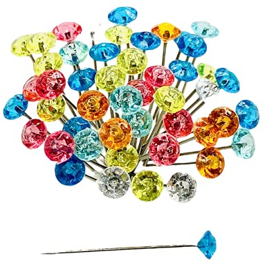 Telliswelt Diamantkopf Stecknadeln Mehrfarbig, Stahl, 50 Stück | Dekorative Stecknadeln mit Diamantkopf, mehrfarbig, 50er Set aus Stahl. Praktisch beim Nähen, Basteln, Patchwork, Markieren.