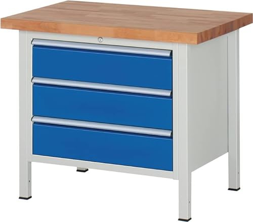 Werkbank, BxTxH 1000x700x840 mm, 3 Schubladen 3x18 0 mm, Buche-Massiv-Platte 40 mm, RAL7035/RAL5010