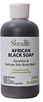 African Black Soap Liquid, 250ml, 8.45 Fl Oz, using Shea Butter, & Virgin Coconut Oil. Contains No SLS, Detergents & Parabens. Ideal for very Sensitive Skin types. Unscented.