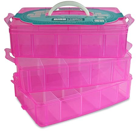Bins & Things Pink 3-Tier Stackable Bead Organizer with Lids - Craft Organizers and Storage Box - 30 Adjustable Compartments for Art Supplies, Sewing Needs, or Kids’ Toys - Portable Design