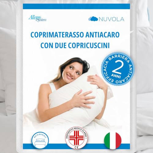 Allergosystem Set Coprimaterasso Antiacaro Matrimoniale con Cerniera 160x190x20cm e 2 Federe Cuscino Letto 50x80cm - Dispositivo Medico Antiacaro e Anallergico MADE IN ITALY - Linea Nuvola
