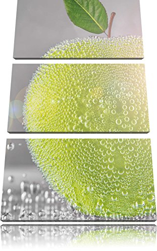 Pixxprint Grüner saftiger Apfel mit Wasserperlen, Leinwandbild 3 Teilig, Gesamtmaß: 120x80cm, Wandbild, Dekoration, fertig gespannt, Kein Poster