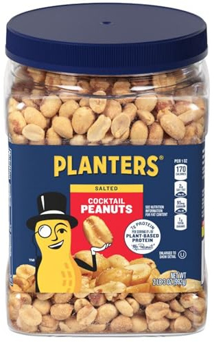 PLANTERS Salted Peanuts Cocktail, Party Snack, Plant-Based Protein, After School Snack, Roasted in Peanut Oil, Salted Nuts, Snacks for Adults, Bulk Nuts, Kosher, 2.19lb Jar