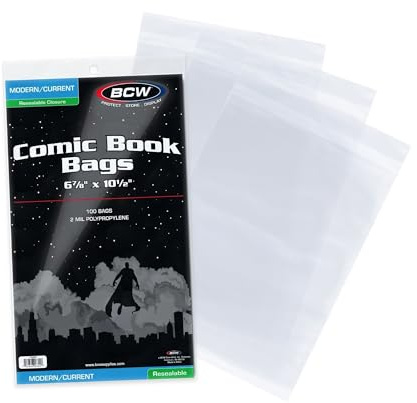 BCW Resealable Current/Modern Comic Bags - 100 ct | Acid-Free Modern Comic Bags for Current Issues | Exterior 6 7/8 x 10 1/2 inches | Crystal Clear Protection for Your Comic Collection