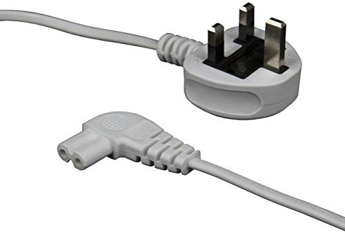 White 3m Mains Power Cable/Lead by electrosmart® ~ 3 Pin Moulded UK Plug to Right Angled IEC C7 Figure 8