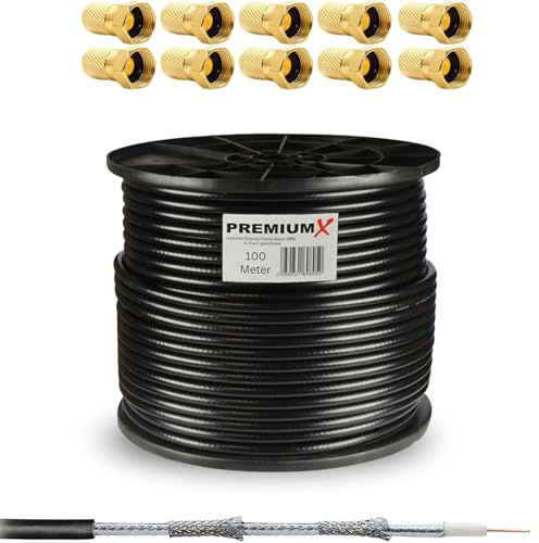 Premium X PRO SAT Koaxialkabel 100m Schwarz - Vollkupfer Innenleiter - 5-fach geschirmt - TV Antennenkabel für Innen & Außen (UV/wetterfest) inkl. 10x F-Stecker | HDTV · UHD · 4K · 8K