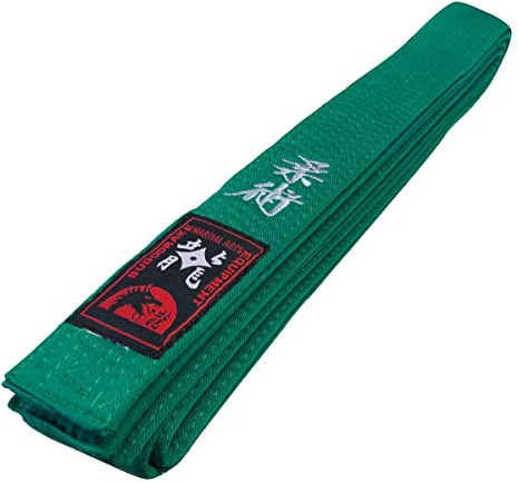 Budodrake Grüngurt Bestickt mit Jiu-Jitsu/Ju Jutsu Schriftzeichen, Bestickung in Silber, grüner Gürtel