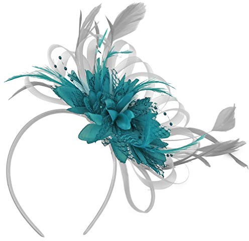 Caprilite Fashion Fascinator, Haarreif, Silbergrau/Königsblau, mit Netz/Reifen/Feder, für Hochzeit/Royal Ascot-Rennen