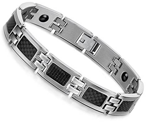 Flongo Herren Armband Magnetarmband 11mm Kohlenstoff-Faser Energie magnetischen Stein Edelstahl Armbänder für Paar Wolframcarbid Wolfram Armband Armreif Magnet Geschenk für Männer Damen schwarz silber