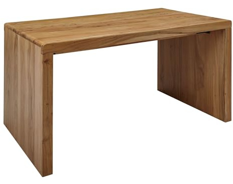 FineBuy Schreibtisch 140 cm Akazie Massivholz Braun mit Ablage | Computertisch aus Echtholz, Bürotisch mit massiven Standbeinen, handgefertigtes Unikat, pflegeleicht