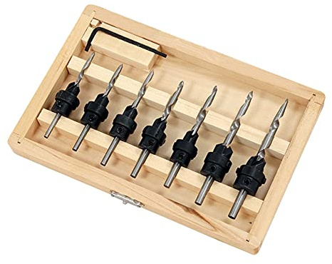 COUNTERSINK DRILL BIT SET IN WOOD CASE(7drill bits, 7countersink collars ,7 grub screws, 1 storage box)