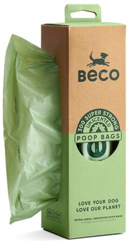 Beco Dog Poo Bags - Strong, Leakproof & Large - 94% Recycled Plastic, Extra Thick Dog Poop Bags, Heavy Duty - Unscented XL Roll, 300 Count