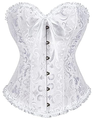 SZIVYSHI Women's Overbust Sweetheart Lace Up Plastic Bones Corset Bustier Top (White, L)