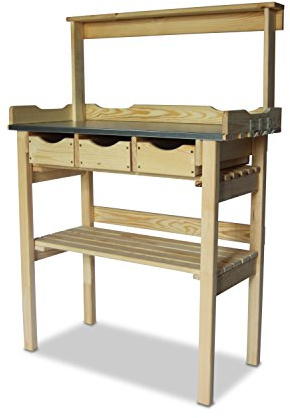 GartenDepot24 Pflanztisch aus Holz mit 3 Schubladen, Zinkplatte, Haken, Natur, B78 x T38 x H82/113 cm