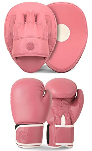 Lions Focus Pads and Gloves Set - Boxing Hook and Jabs Sparring Punch Martial Arts MMA Punching Mitts Muay Thai Kickboxing Coach Glove Sets for Men Women (PINK-CLASSIC, 14OZ)
