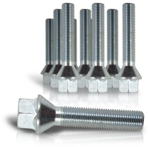 JOM Car Parts & Car Hifi GmbH 770022 Kit de 10 Vis, Boulons, boulonnerie longue M 12 x 1,25 35 mm pour les cales d'élargissement de voie de roue, jante, boulonnerie Assise / collet conique - Qualité Allemande.
