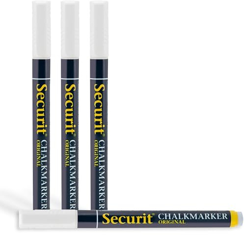 SECURIT - Lot de 4 Marqueurs à Craie Liquide - Pour Surfaces Non Poreuses (Tableau Noir, Verre, Métal, Miroir…) - Pointe Fine 1-2 mm - Blanc