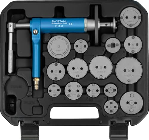 SW-Stahl 01465L Bremskolbenrücksteller Set 16-teilig mit Druckluftspindel | Bremskolbenrückdrehwerkzeug für Rechts- & Linksgewinde, Bremssattel Werkzeug im Koffer für nahezu alle PKW-Modelle