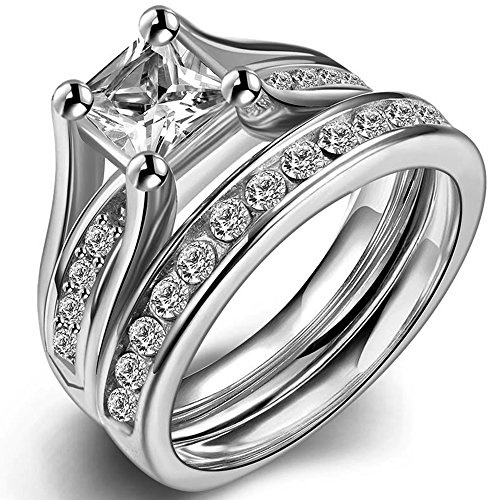 Jude Jewelers Stainless Steel Princess Cut Cubic Zirconia Wedding Engagement Ring Set Anniversary Propose Eternity Bridal Halo (9)