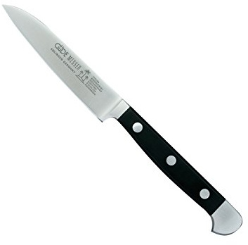 GÜDE Solingen - Steakmesser mit Zahn geschmiedet, Klingenlänge: 12 cm, Serie: ALPHA. - Doppelkropf, Handmade Germany, Griff: POM schwarz