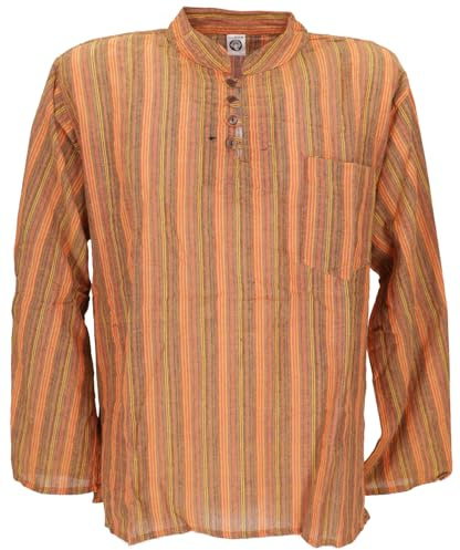 GURU SHOP Nepal fiskarskjorta, randig goa-hippie-skjorta, yogabyxor, män, apelsin, S