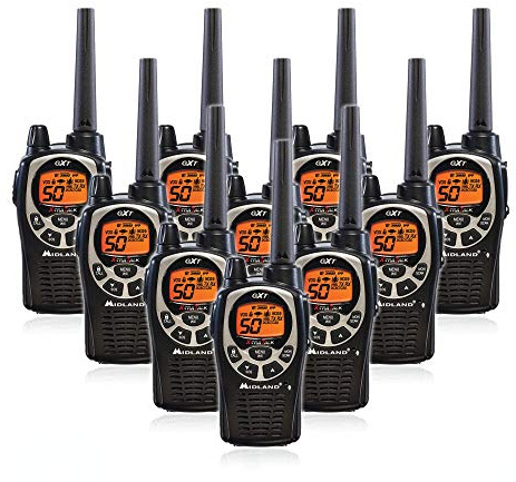 Midland GXT1000 GMRS Walkie Talkie - Long Range Two Way Radio with NOAA Weather Scan + Alert, 50 Channels, and 142 Privacy Codes (Black/Silver, 10 Radios)