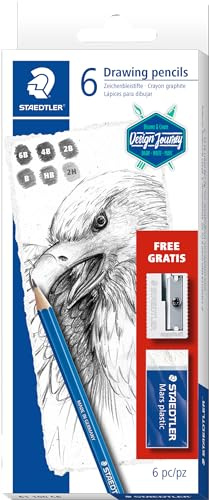 Staedtler 61 100 C6 Zeichenbleistift Mars Lumograph (Sechskantform, unglaublich bruchfeste Premium-Bleistifte, Made in Germany) Set mit 6 Zeichenbleistiften, 1 Radierer und 1 Metallspitzer, graphite, 6er Sortierung