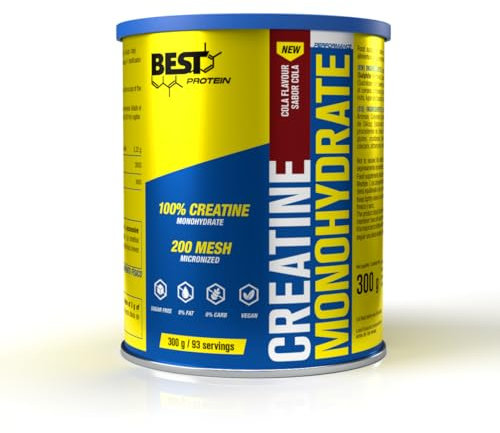 BEST PROTEIN Monohidrato de creatina en polvo | CREATINE MONOHYDRATE | Micronizado a 200 MESH | Para fuerza y rendimiento de alta intensidad | Sabor COLA | 300g = 100 servings