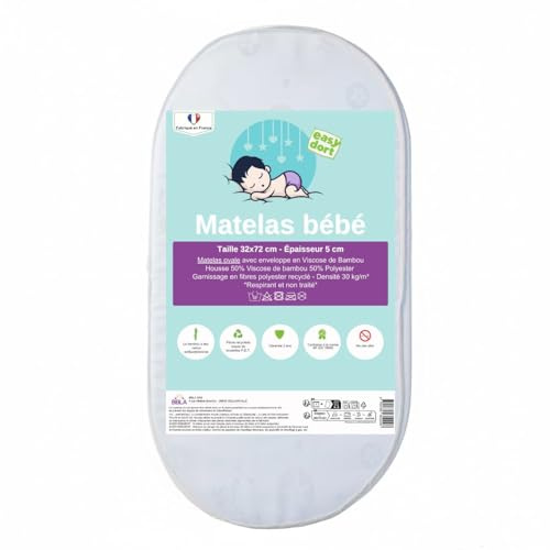 Easy Dort - Matelas couffin bébé 32 x 72 cm - Berceau, nacelle ou lit bébé - Housse en Bambou | Été & Hiver | Double Face | Très Confortable | Fabrication Française 32x72 cm | Oeko tex® | Blanc