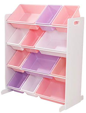 KidKraft Kinderregal aus Holz mit 12 pastellfarbenen Aufbewahrungsboxen aus Kunststoff, Spielzeug-Organizer, Kinderzimmerregal, Aufbewahrungsregal für Spielzeug, 15450