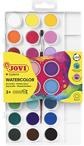 Jovi - Kit d'Aquarelles avec Pinceau, 24 godets de 22mm, Couleurs Brillantes et Intenses, Peinture facile à diluer à l'eau et à séchage rapide, Sans Gluten (800/24)