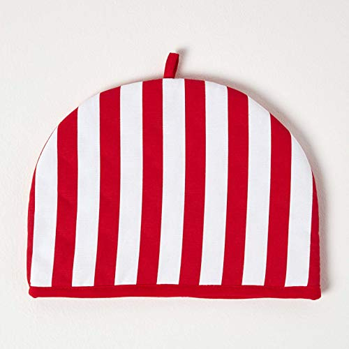HOMESCAPES Tea Cosy, Kannenwärmer rot gestreift, Teewärmer aus Baumwolle, isolierende Haube für Teekanne, Abdeckung für Tee- und Kaffeekannen