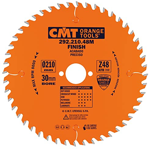 CMT Orange Tools cirkelsågblad fint snitt HW 210 x 2,8/1,8 x 30 Z=48 15° ATB – 292,210,48 m – för tvärsnitt