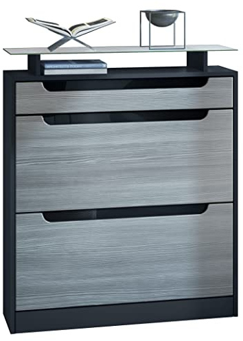 Vladon Schuhschrank Fiesta, Schwarz matt/Avola-Anthrazit/Schwarz Hochglanz - Schuhkipper für 16 Paar Schuhe (89 x 104 x 23 cm)