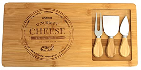 Käsebrett mit 2 Messern und einer Gabel aus Bambus und Edelstahl
