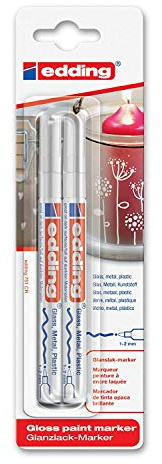 edding 751 Glanzlackmarker - weiß - Packung mit 2 Lackmarker - Rundspitze 1-2 mm - Lackstift für Glas, Stein, Holz, Kunststoff und Papier - wasserfest, stark deckend