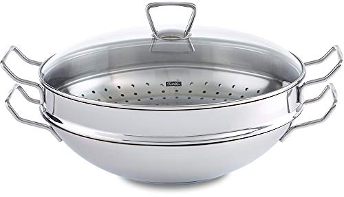 Fissler Nanjing/Edelstahl-Wok (Ø 36 cm) große Wok-Pfanne unbeschichtet,Asiapfanne mit Glas-Deckel, inkl. Dämpfeinsatz, alle Herdarten - auch Induktion