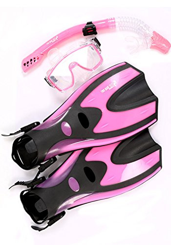 Two Bare Feet Adults 3 Piece Silicone Mask, Snorkel and Fins Diving Set, Anti Fog Anti Leak Snorkelling Set - Style 1 (Pink, Pro Dive Snorkel, S/M UK4.5 - UK8.5)