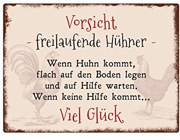 Schild Made in Germany WANDSCHILD Metallschild Vorsicht FREILAUFENDE HÜHNER Deko Huhn Lustig