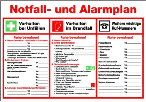 Schild Kunststoff Notfall- und Alarmplan 410 x 595 mm (Erste Hilfe Plan, Rettungsschild) praxisbewährt, wetterfest