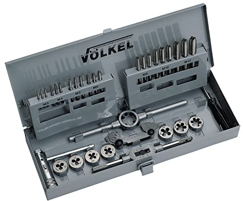 Völkel Gewindeschneider Set 31-tlg. M3-M12, HSS-G Handgewindebohrer und HSS Schneideisen, mit Windeisen, Schneideisenhalter und Werkzeughalter, in Metall-Kassette