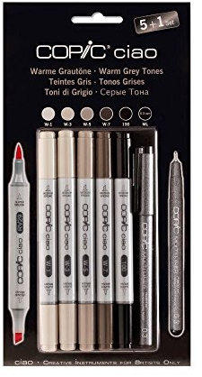 COPIC Ciao märkpennor 5 + 1 set varma gråtoner, 5 alkoholbaserade allround-layoutmärkpennor med en medelbred och en penselspets, inkl. 1 Multiliner 0,3 mm
