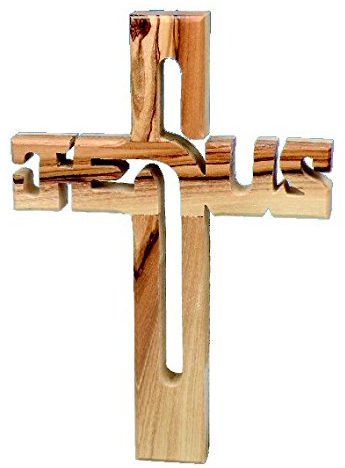 MaMeMi Kreuz JESUS aus OLIVENHOLZ – handgefertigt in BETHLEHEM – modernes HOLZKREUZ mit integriertem SCHRIFTZUG „JESUS“ – christliche DEKO & GESCHENK zur KOMMUNION, TAUFE, FIRMUNG